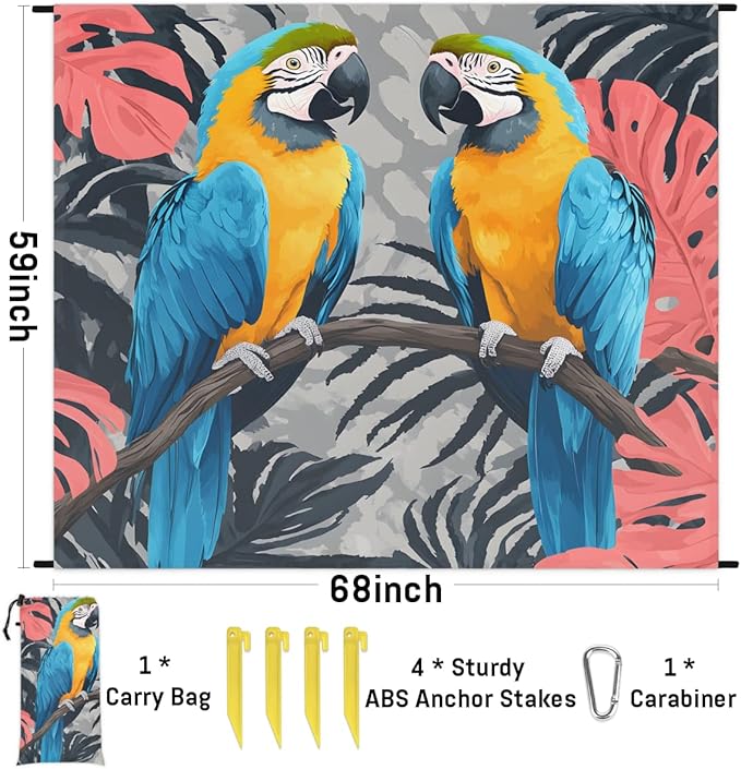 Waterproof Sandproof Beach Blanket 59''×68'' Parrot Bird Polyester Outdoor Picnic Blanket with 4 Stakes &amp Storage Bag for BeachCampingVacation Animal