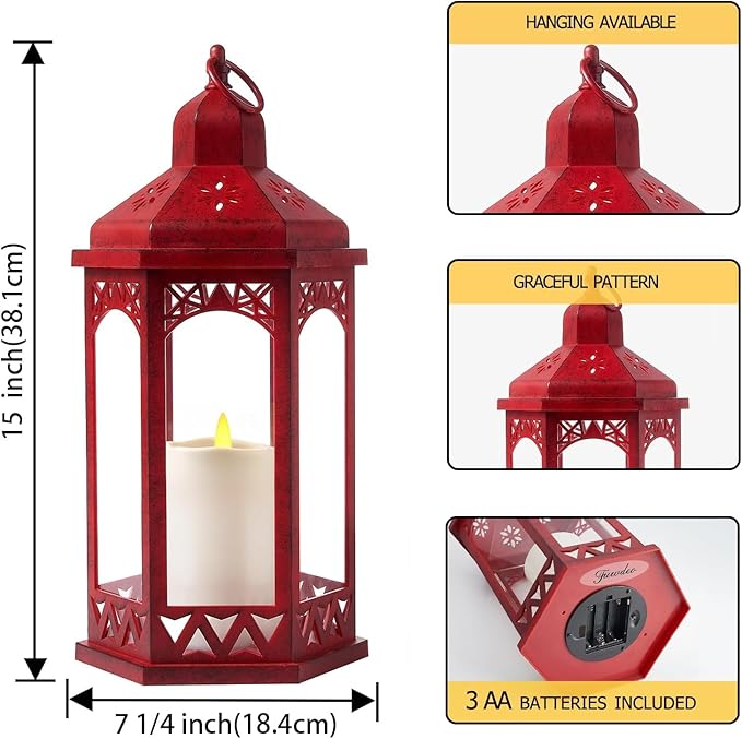 Candle Lanterns Outdoor Lanterns Decorative Indoor for Porch with Flickering LED Candles Hexagonal Battery Operated Lighting with Hanging Hook Perfect for Party Decor