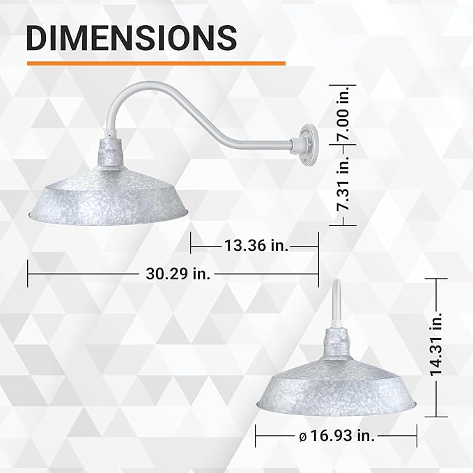 17in. Galvanized Finish Outdoor Gooseneck Barn Light Fixture with 22in. Long Extension Arm - Wall Sconce Farmhouse Vintage Antique Style - UL Listed - 9W 900lm A19 LED Bulb (5000K Cool White)