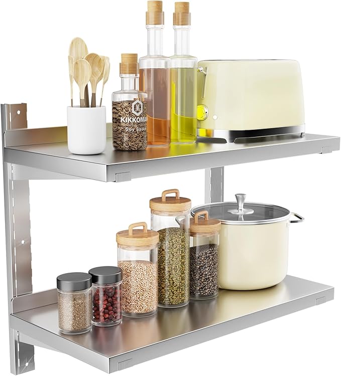 Stainless Steel Shelf 23.6 x 12.6 Commercial Floating Wall Shelf with Brackets 110Lb Capacity Adjustable Double-Layer Metal Heavy Duty Storage Rack for Restaurant Kitchen Home Bathroom