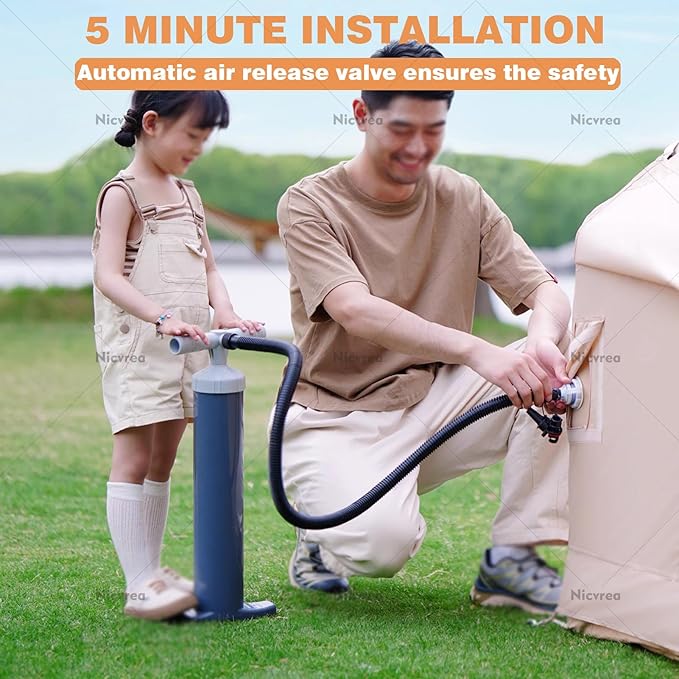 Inflatable Camping Tent with Fireplace Opening and Skylight Outdoor Tent for 2 to 8 People with Air Pump Inflatable Tent in Waterproof Oxford Fabric for 4 Seasons Quick Assembly