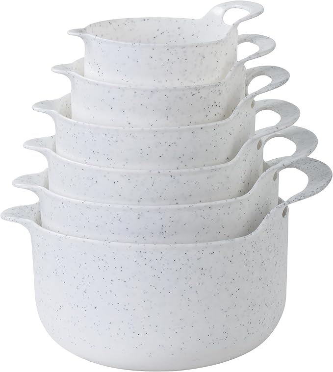 COOK WITH COLOR Nesting Plastic Mixing Bowl Set with Pour Spouts and Handles Speckled White 6 Piece Non-Slip