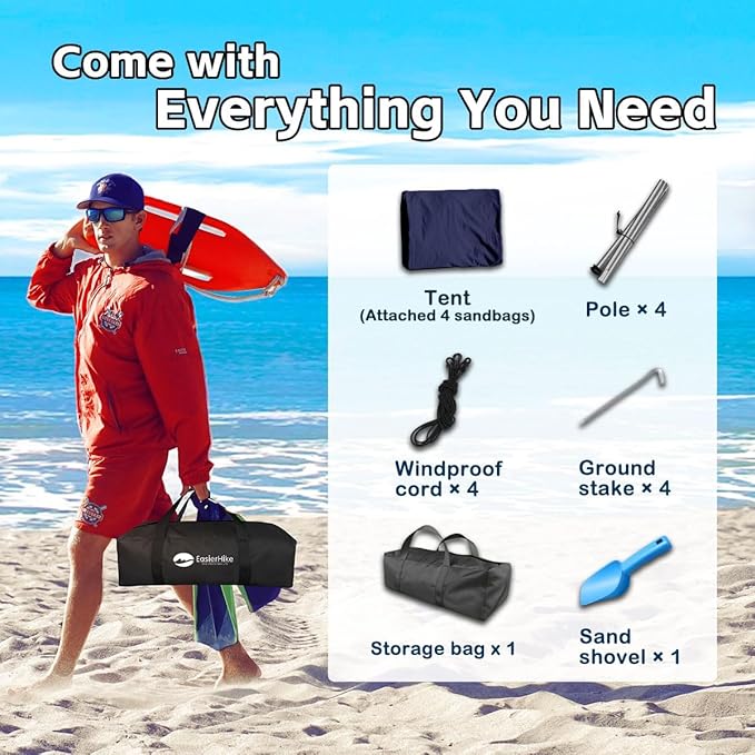 Beach Shade Tent 10×10 Ft Portable Easy Pop Up Beach Canopy UPF50+ Sun Protection Shelter Windproof &amp Water Resistant Stable with 4 Sandbags &amp Windproof Cords Perfect for Family