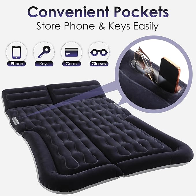 Inflatable Car Air Mattress for SUV Sedan Truck &amp Minivan Back Seat Car Bed for Car Camping &amp Travel Portable Mattress with earplugs Window Screens Eye Mask &amp Storage Bags