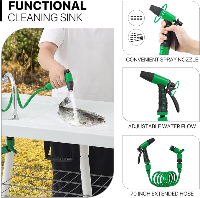 MoNiBloom Folding Fish Cleaning Table with Double Sink Portable Camping Outdoor Heavy-Duty Fillet Station with Faucet Drainage Hose Sprayer and Knife for Picnic Fishing Garden Patio Beach White