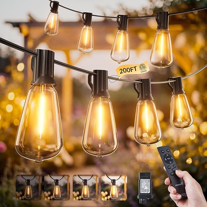 Minetom 200FT Outdoor String Lights with Remote 64+2 Shatterproof ST38 LED Bulbs Waterproof Patio Lights with 3 Modes Dimmable &amp Connectable 2700K Hanging Lights for Backyard Porch Deck Balcony