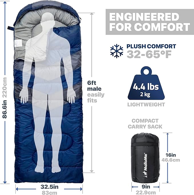 MalloMe Sleeping Bags for Adults Cold Weather &amp Warm - Backpacking Camping Sleeping Bag for Kids 10-12 Girls Boys - Lightweight Compact Camping Essentials Gear Accessories Hiking Sleep Must Have