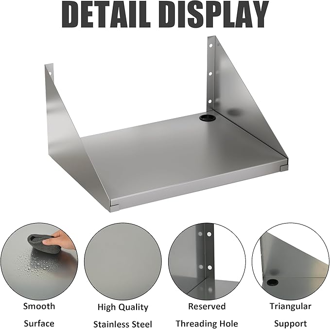 18x24 Stainless Steel Microwave Shelf 200 LB Heavy Duty Metal Wall Mount Floating ShelvingCommercial Microwave Rack for Kitchen Restaurant Bar Home Hotel and Office