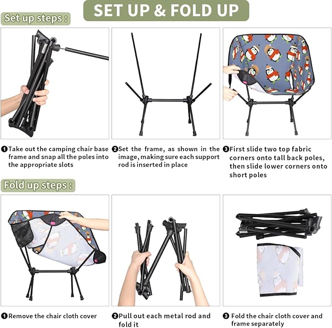 Cute Penguin Pattern Camping Chair Lightweight Portable Chairs for Adults Easy Installation Outdoor Foldable Camping Chair for Camping Fishing Hiking Picnic Beach