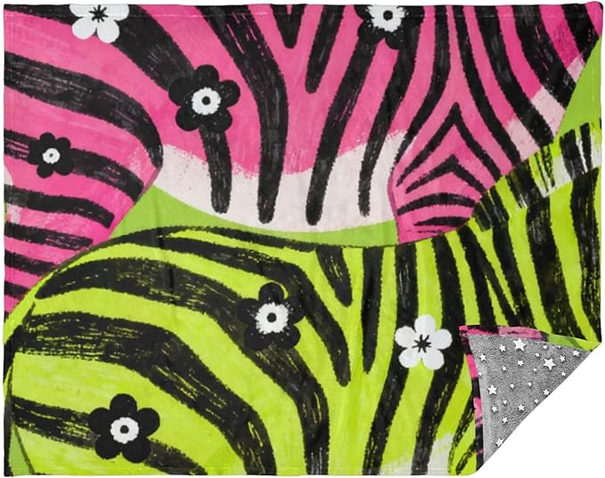 Colorful Animal Stripes White Flowers Lightweight Fuzzy Comfy Soft Throw Blanket for Girls Throw Over Blanket for Couch Sofa BedParty 50x70 Inches
