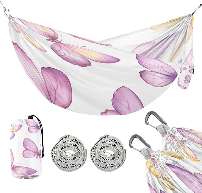 YETTASBIN Pink Purple Butterflies Camping Hammock - 330lbs Lightweight &amp Portable Single or Double Hammock with Tree Straps &amp Carry Bag for Indoor Outdoor Hiking Backpacking Travel Backyard Be