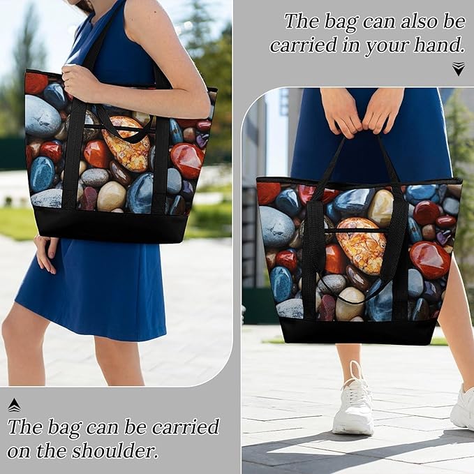 Insulated Shopping BagLarge Reusable Cooler Bags Color Stones Hippie Printed Foldable Shopping BagTravel Waterproof Shoulder Bag