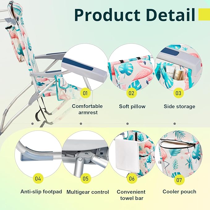 Folding Backpack Beach Chairs Portable 5-Position Aluminum High Beach Chairs for Adults with Storage Pouch Towel Bar (Flamingo)