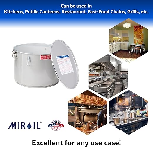 MirOil Oil Grease Bucket &amp Filter Pot Silver (7 Gallon) – Fryer Container w/Lid Lock &amp Clip Food Grade Interior Coating - Hot Grease Collection Pot - Made In USA – Model #60L