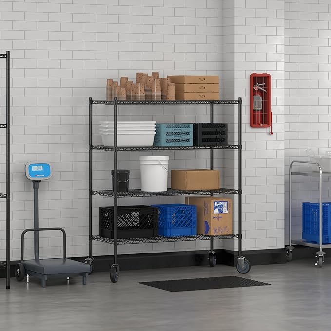Commercial NSF Listed Black Epoxy Mobile Wire Shelving Kit 21 x 48 x 60 with 4 Shelves Perfect for Warehouse Walk-in Refrigerator Freezer Grocery Store Restaurant Dishroom