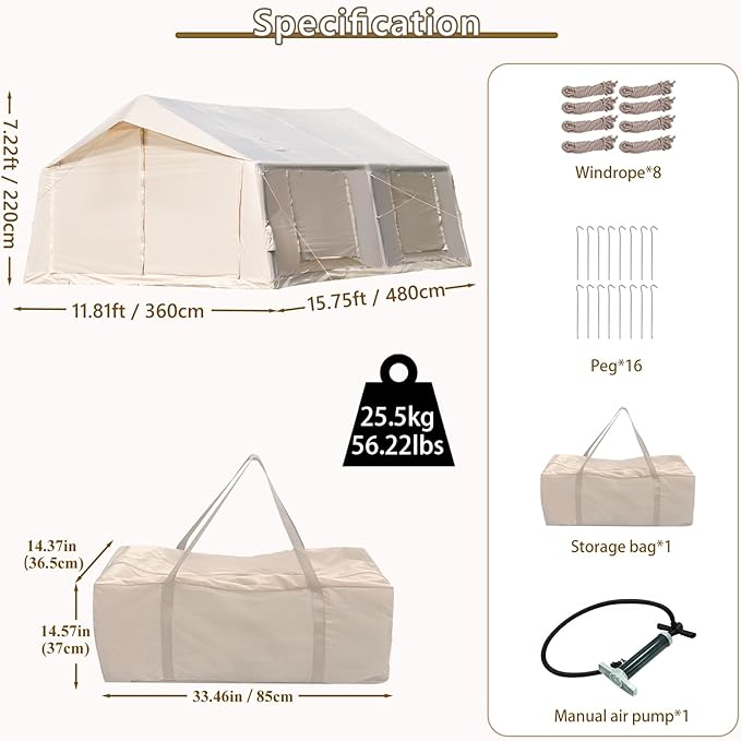 Oxford Inflatable Tent for Camping with Hand Pump 4 Season Glamping Tents with Stove Jack for 8-12 Person Waterproof Outdoor Party Camping Festival