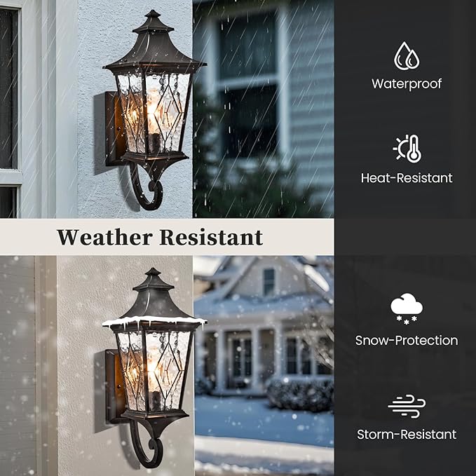 Outdoor Light Fixture Modern Outdoor Wall Sconce Light Waterproof Black Porch Lights Wall Mount with Water Ripple Handmade Glass for Gardens Porch Yards