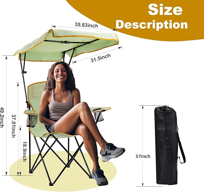 YOUNG WOOD Portable Camping Chair Beach Chair with Shade Canopy Fold Lightweight Oversized for All Easy to Open and Close Without Installation Side Pocket Design for All Outdoor ActivitiesGreen2p