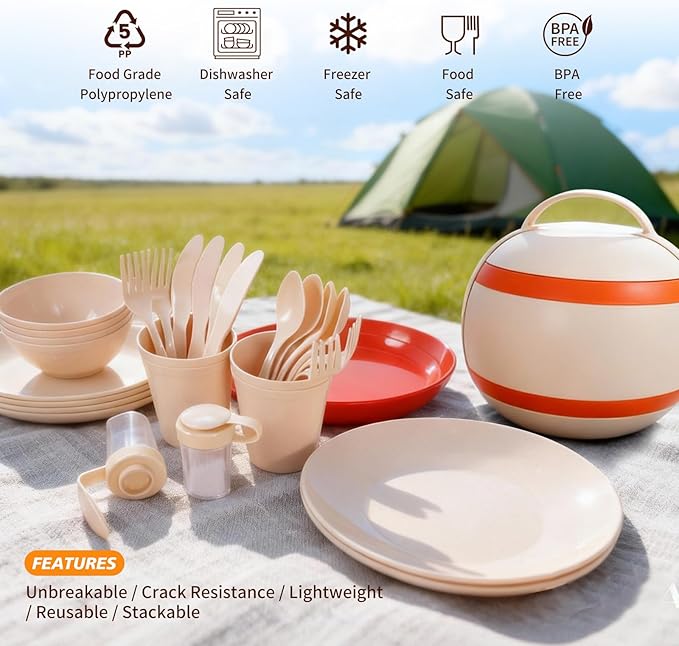Camping Dishes Picnic Set Camping Plates Cups and Bowls Set 31 PCS Plastic Dish Set for 4 Portable Dinnerware Set for BBQ RV Travel Dorm Camping Mess Kit Picnic Essentials Not Microwave Safe