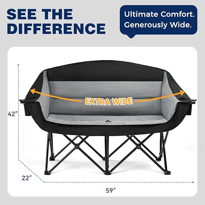 apollo walker Oversized Double Camping Chair for 2 Person - Extra Wide &amp Heavy Duty 600lbs Camp Couch with Dual Cup Holder &amp Carry Bag Camping Loveseat for Outdoor Lawn Beach Park