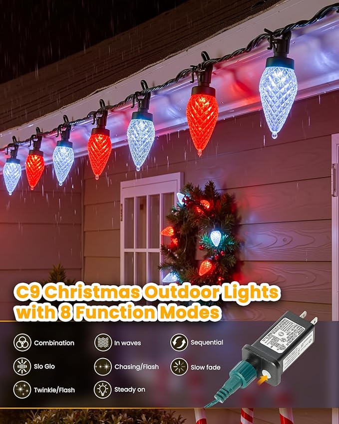 Minetom C9 Christmas Lights Outdoor 88FT 110LED String Lights with 8 Lighting Mode Waterproof Connectable UL Certified C9 Christmas Decorations for Indoor Outdoor Patio Roofline Decor Red＆White