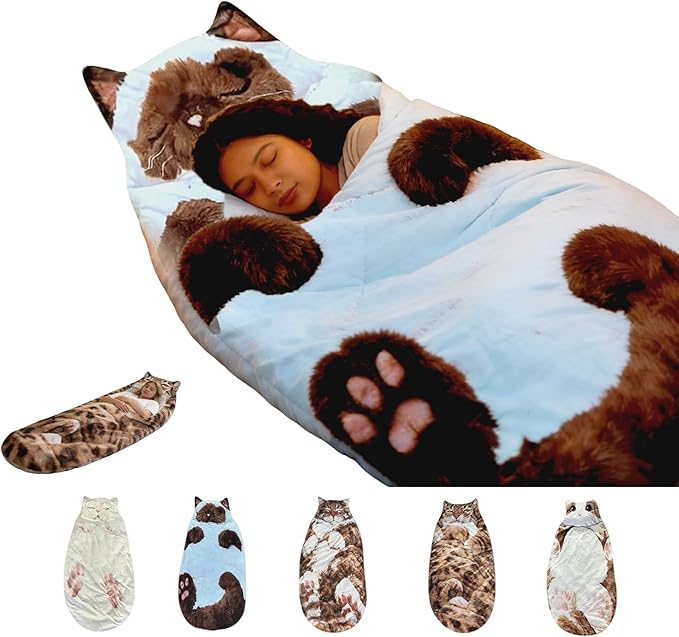 Fluffy Cat Sleeping Bag for Adults – Plush Soft Envelope Shaped Sleeping Bag for Humans Cozy Warm Nap Sack for Camping Home Travel Extra Large Cute Cat Design