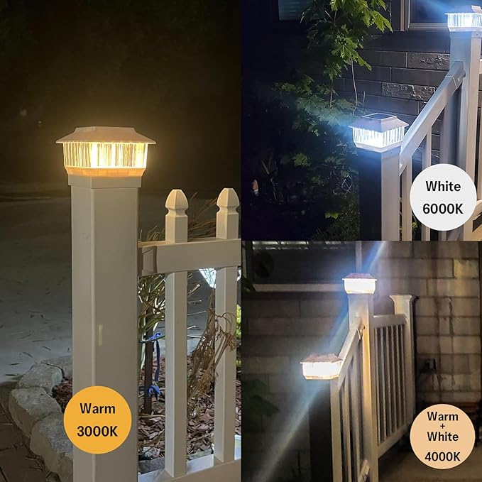4-Pack Solar Post Cap Lights Outdoor 50 Lumen 3-Color Adjustable (3000K/4000K/6000K) Waterproof LED Lights for 4x4 &amp 5.5x5.5 Posts Black Matte Finish No Wiring Needed - Auto On/Off
