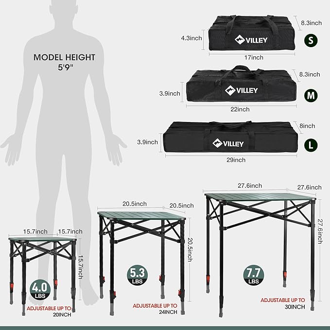 VILLEY Folding Camping Square Table with Carry Bag Lightweight Aluminum Adjustable Square Table for Outdoor Camping Picnic Backyards BBQ (L)