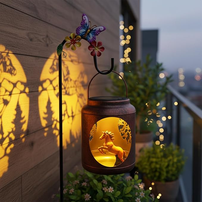 Horse Solar Lanterns Outdoor with Shepherds Hook and Resin Horse Figurine Inside LanternGifts for Women Mom Grandma Hanging Solar Lights for Garden Yard Patio Backyard