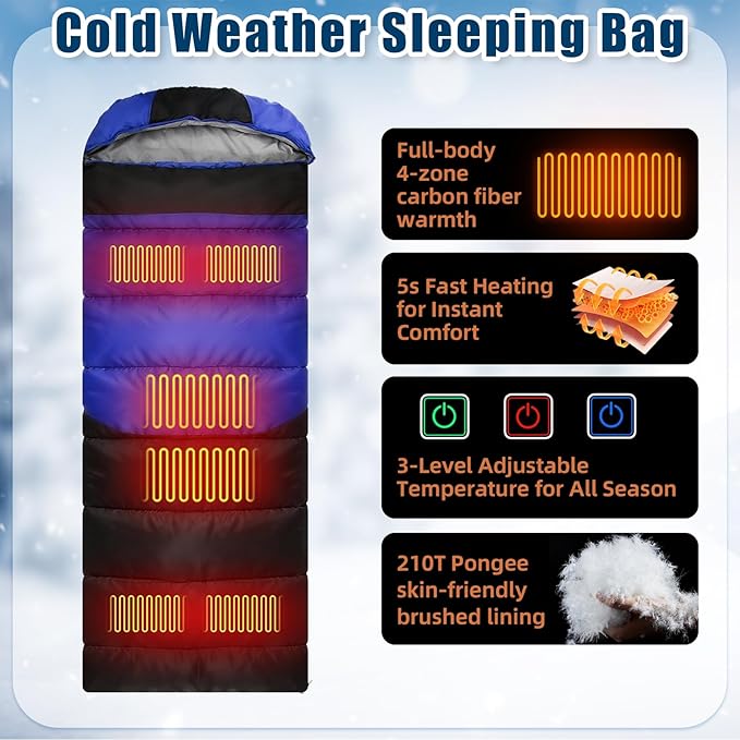 2 Pack Heated Sleeping Bag for Adults USB Electric Cold Weather Sleeping Bag with 4 Zone Carbon Fiber 3 Adjustable Heating Levels Waterproof for All Season Camping &amp Hiking