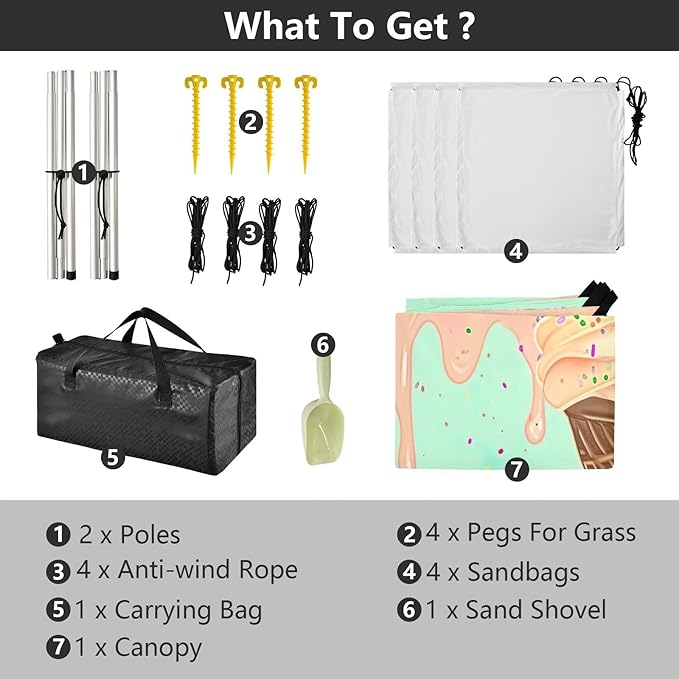 Ice Cream Cone Beach Tent Sun Shelter 9.2' x 10.5' Beach Canopy with 4 Sandbags 4 Stability Poles Sand Shovels - Tent Canopy for Beach Camping Fishing Picnics