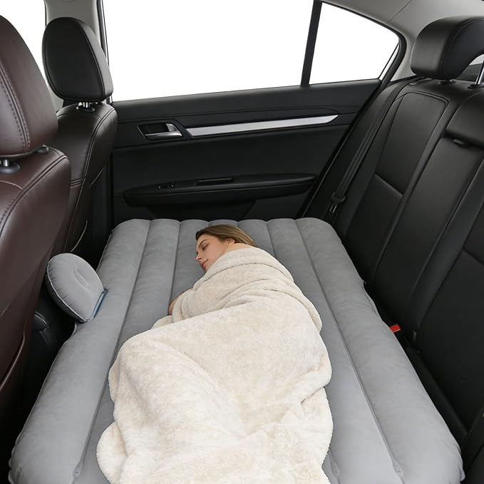 Car Air Mattress Inflatable SUV Truck Camping Mattress for Back Seat Thickened Travel Car Bed Sleeping Pad with Inflatable Pier Air Pump 2 Pillows (Grey)