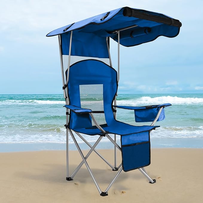 Beach Chair with Canopy Shade Folding Camping Chair Support to 330LBS Outdoor Chair with Cup Holder &amp Cooler Bag for Travel Hiking