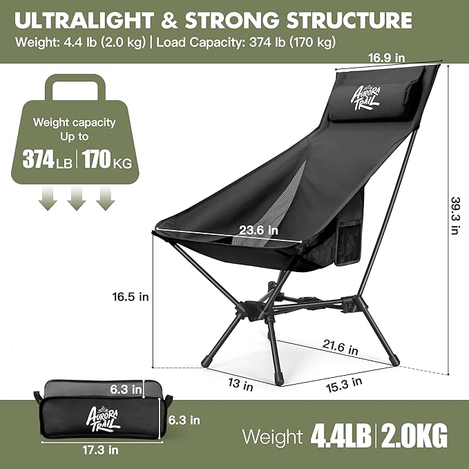 AuroraTrail High Back Folding Camping Chair with Pillow – Lightweight Portable Outdoor Chair with Cup Holder &amp Carry Bag Sturdy Aluminum Frame Supports up to 374 lb for Camping Hiking &amp Fest