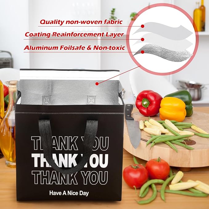 Aliceset 80 Pcs Thank You Insulated Bags for Food Delivery Bulk 9.5 x 9.5 x 6 Inch Thermal Insulation Bag for Cold and Hot Food for Travel Pizza Coffee Milk Catering Restaurant Picnic (Black)