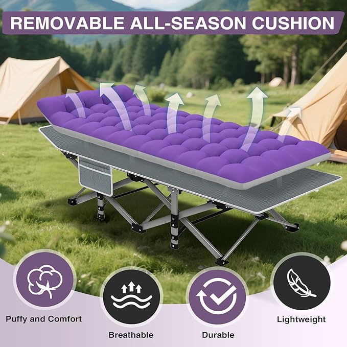 ZENPETIO 28In Folding Camping Cot for Adult Portable Sleeping Cot with Mattress Outdoor Heavy Duty Cot Bed for Camp with Carry Bag for Home Office Camp Travel Vacation-Purple