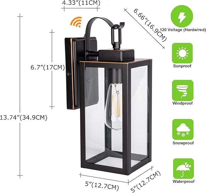 GRUENLICH Dusk to Dawn Outdoor Wall Lantern Wall Sconce for Porch Lighting Fixture E26 Base Max 60W Metal Housing Plus Glass Oil Rubbed Bronze Finish Bulb Not Included 1-Pack