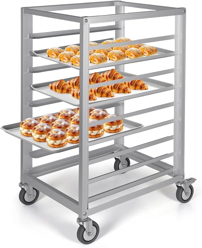 9 Tier 3 Inch Spacing Aluminium Storage Cooling Sheet Pan Rack with Brake Wheels Commercial Kitchen Bun Pan Sheet Pan Rack for Restaurant Cafeteria Pizzeria