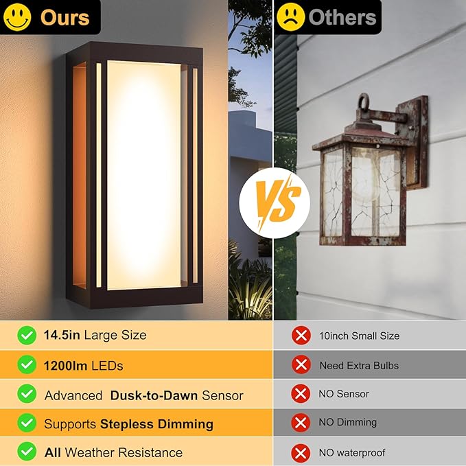 Dusk to Dawn Outdoor Wall Sconce 3000K LED Outdoor Wall Lights Fixture for Patio Waterproof Wall Mount Outside Light 14.5in Bronze Outdoor Lanterns for Porch Door 1 Pack