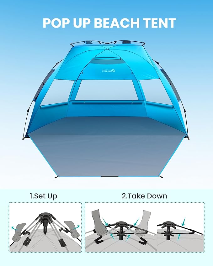 OutdoorMaster Beach Tent Sun Shelter for 3-4 Person Pop Up Beach Tent Easy Setup with Sandbags Portable Sun Shade Canopy with Carrying Bag for Beach &amp Outdoor UPF50+ UV Protection Family Size