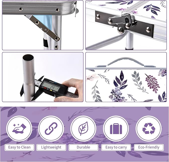 Folding Camping Table 2ft Portable Pinic Table Adjustable Height Small Card Table Aluminum Foldable Lightweight with Carry Handle for Outdoor Indoor Hiking Camp BBQ Beach (Misty Lilac)