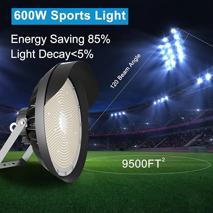 Lightdot Led Stadium Light Outdoor 600W Flood Lighting 90000lm Super Bright Commercial Area IP65 Waterproof High Mast Lighting for Sport Fields and Courts-2Pack