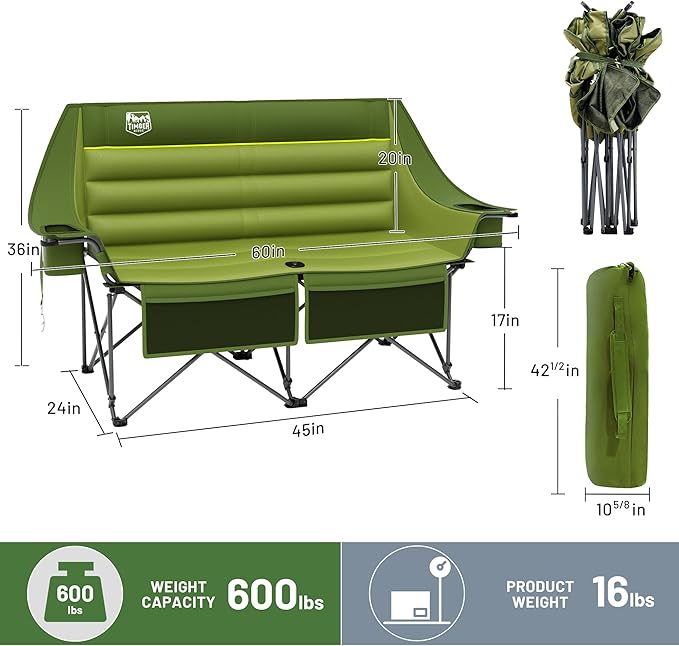 Timber Ridge Double Camping Chair Heavy Duty Outdoor Folding Camp Couch Loveseat Camping Chairs Perfect for Campsites Patio/Lawn Soccer Games or Other Youth Sports Supports 600 lbs