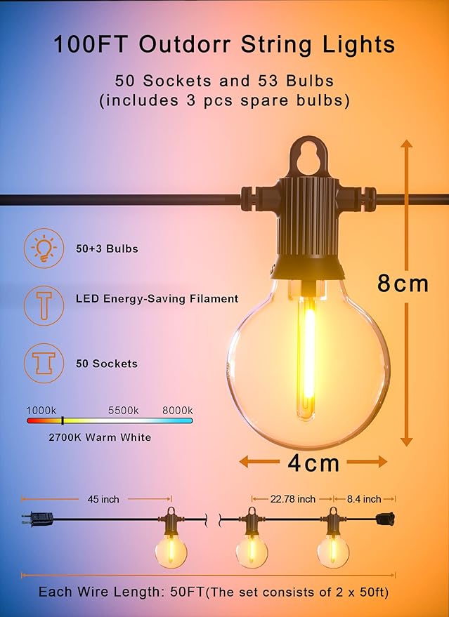 Outdoor String Lights Waterproof 100FT LED Patio Lights with 53 Shatterproof G40 Globe Bulb(3 Spare) Connectable Dimmable Outside Hanging Lights for Backyard Porch Balcony Gazebo (2x50FT)