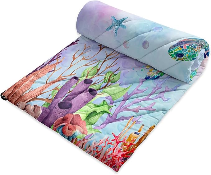 Axolotl Colorful Turtle Printed Camping BlanketRainbow Mermaid Scales Travel BlanketCoral Starfish Lightweight Packable Outdoor BlanketOcean Animal Backpacking for CampingSleepingHikingPicnic