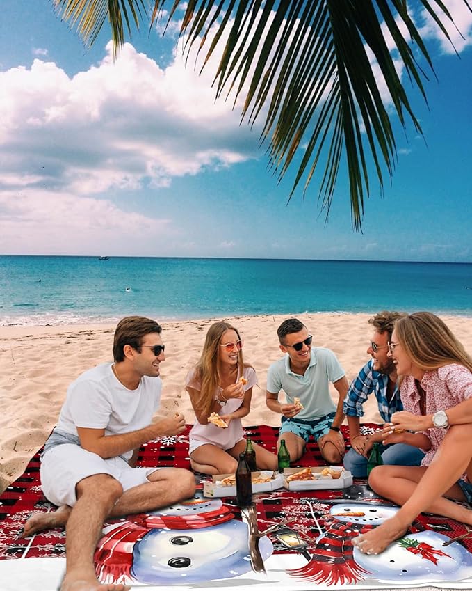 Beach Blanket Waterproof Sandproof OversizedCartoon Snowman Red Buffalo Check Beach Mat with Corner Stakes Sand PocketsSnowflakes Snow Tree Outdoor Picnic Mat for Travel Camping Hiking 83x79In