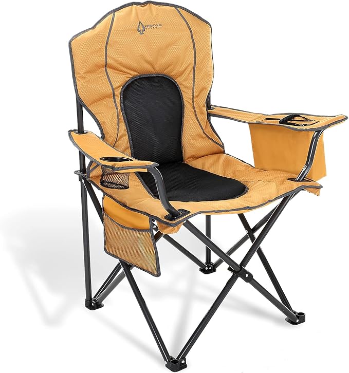 Arrowhead Outdoor Portable Folding Camping Quad Chair w/ 4-Can Cooler Cup-Holder Heavy-Duty Carrying Bag w/Easy Carry Shoulder Strap Padded Armrests Supports up to 330lbs USA-Based Support