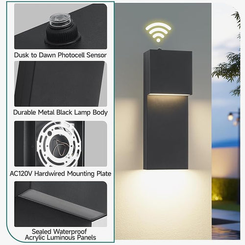 15 Dusk to Dawn Outdoor Lighting Modern LED Outdoor Wall Sconce 20W Sensor Lights for Outside 3000K Outdoor Light Fixtures Wall Mount Anti-Rust Black Finish Lighting for House 2 Pack
