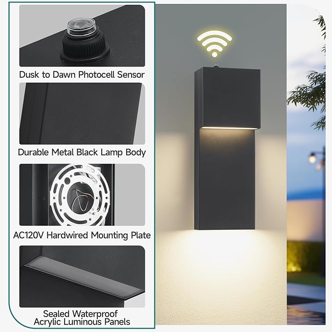 15 Dusk to Dawn Outdoor Lighting Modern LED Outdoor Wall Sconce 20W Sensor Lights for Outside 3000K Outdoor Light Fixtures Wall Mount Anti-Rust Black Finish Outdoor Lights for House