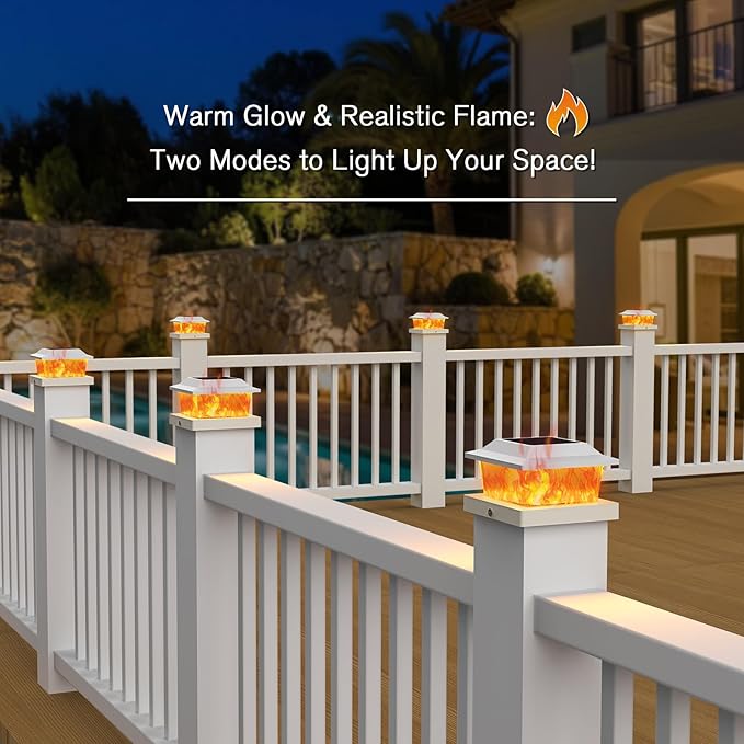NIORSUN Solar Flame Post Cap Lights Outdoor Waterproof 4x4 Post Solar Lights with Flickering Flame LED Fence Posts Solars Light for Deck Patio Garden 4x4 Posts Caps Wood Vinyl 18 Pack (White)